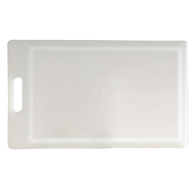 White high-density plastic cutting board featuring a convenient handle, smooth surface on one side, and a grooved edge for catching juices, ideal for Kitchen & Food and Food Prep collections.