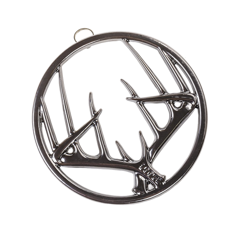 Round enamel trivet featuring an antler design with a glossy finish, built-in hanger, and rubber feet, suitable for Kitchen & Food, Dinnerware, Storage and Serving, Best Sellers, and Promo Eligible collections.