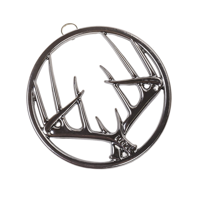 Round enamel trivet featuring an antler design with a glossy finish, built-in hanger, and rubber feet, suitable for Kitchen & Food, Dinnerware, Storage and Serving, Best Sellers, and Promo Eligible collections.