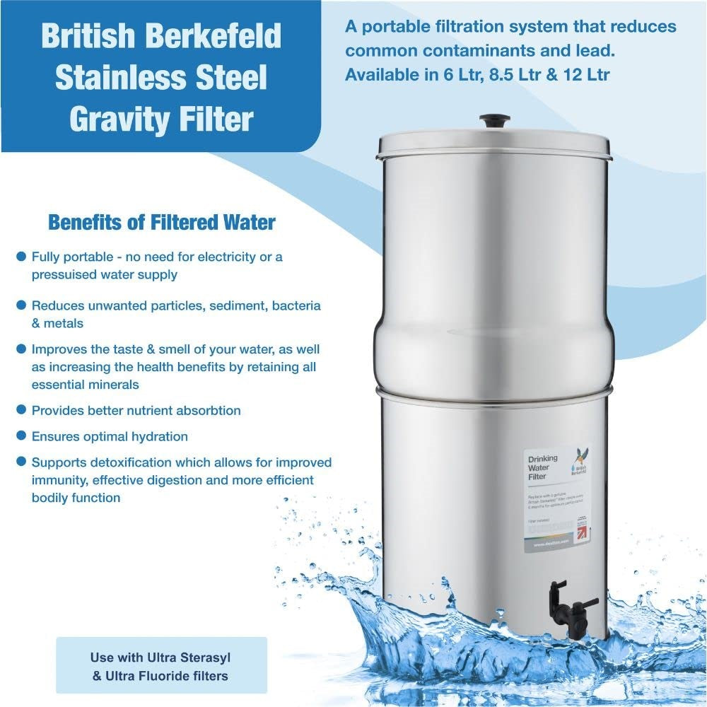 Stainless steel gravity water filter with two chambers and spigot, reducing contaminants and improving water taste, ideal for camping, emergency supplies, and Farm & Garden use.