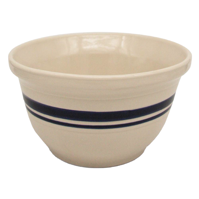 Hefty cream stoneware mixing bowl with hand-painted blue stripes, crafted in the USA, perfect for Kitchen & Food, Cookware, Baking Supplies, and Storage collections.