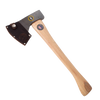 Handcrafted kindling axe with a high carbon steel blade and smooth hickory handle, featuring a genuine leather blade guard, ideal for farm, garden, camping, and woodcutting tasks.