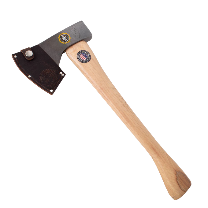 Handcrafted kindling axe with a high carbon steel blade and smooth hickory handle, featuring a genuine leather blade guard, ideal for farm, garden, camping, and woodcutting tasks.