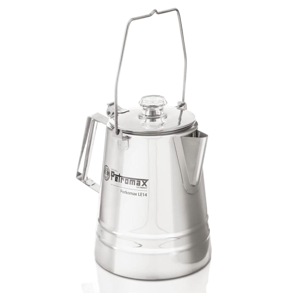 Polished stainless steel percolator with clear glass lid knob, wire bail handle, and angled spout, designed for gentle coffee and tea brewing in Farm, Garden & Tool, Kitchen & Food, Camping, and Brewing Coffee and Tea collections.