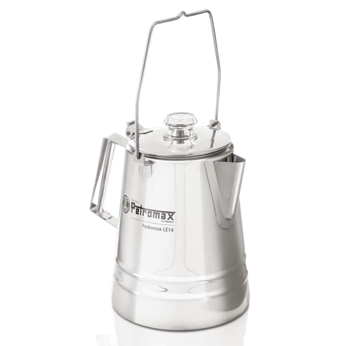 Polished stainless steel percolator with clear glass lid knob, wire bail handle, and angled spout, designed for gentle coffee and tea brewing in Farm, Garden & Tool, Kitchen & Food, Camping, and Brewing Coffee and Tea collections.