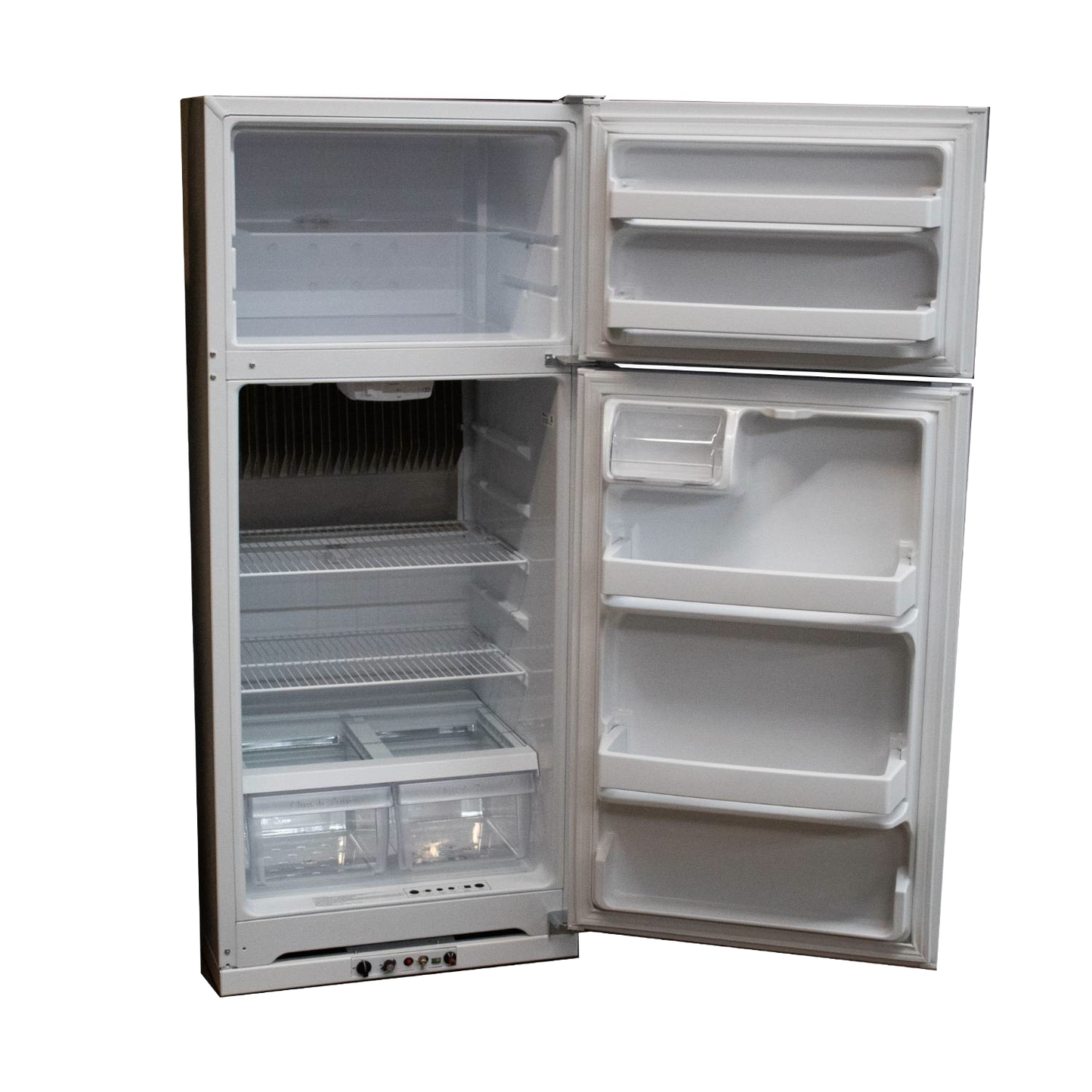 Compact upright gas refrigerator in white with open doors showing adjustable wire shelves, door storage, and clear drawers, part of appliance and refrigerator collections.