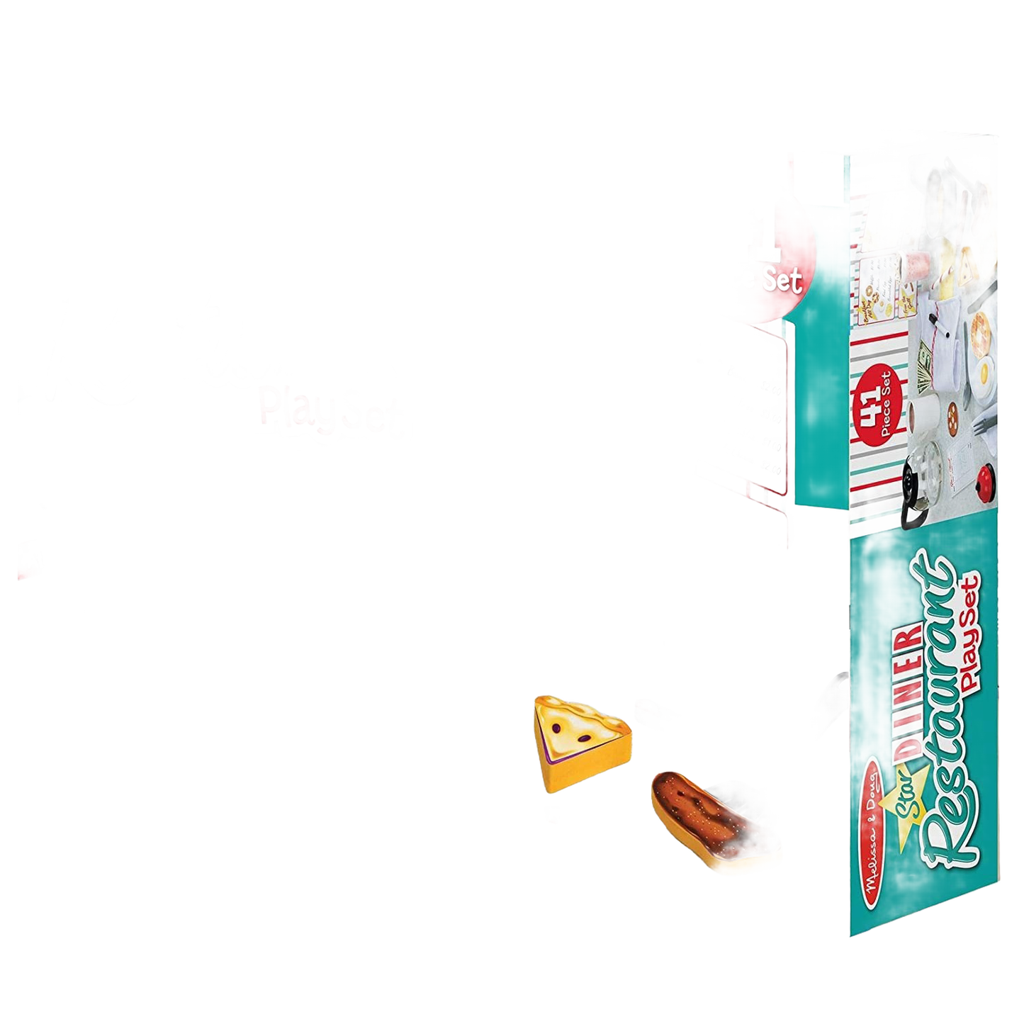 Star Diner Restaurant Accessory Playset box and components including seven double-sided wooden food pieces, play money, menu, guest check with dry-erase marker, and working bell for imaginative indoor play, featured in Toys, Books & Games and Children's Toys collections.