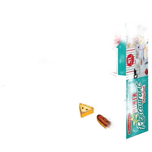 Star Diner Restaurant Accessory Playset box and components including seven double-sided wooden food pieces, play money, menu, guest check with dry-erase marker, and working bell for imaginative indoor play, featured in Toys, Books & Games and Children's Toys collections.