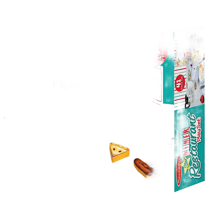 Star Diner Restaurant Accessory Playset box and components including seven double-sided wooden food pieces, play money, menu, guest check with dry-erase marker, and working bell for imaginative indoor play, featured in Toys, Books & Games and Children's Toys collections.