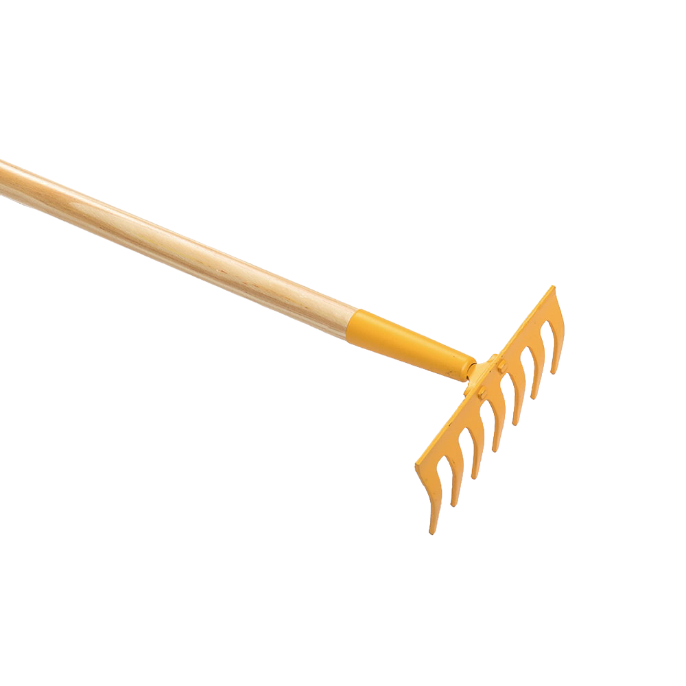Child-sized yellow gardening rake with a durable wooden handle and metal head, designed for ages 6 and up to support outdoor play and gardening activities.