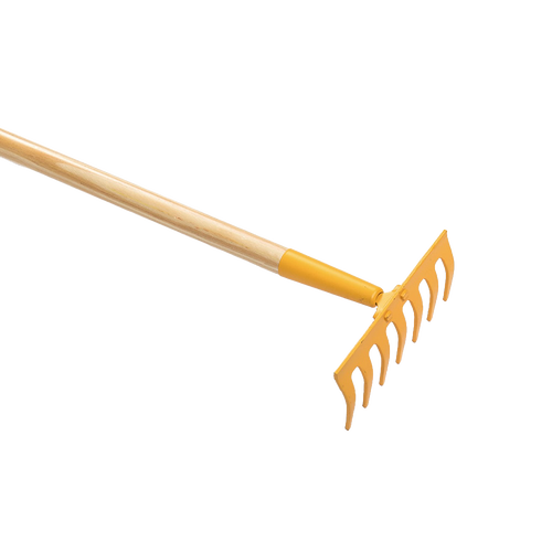Child-sized yellow gardening rake with a durable wooden handle and metal head, designed for ages 6 and up to support outdoor play and gardening activities.