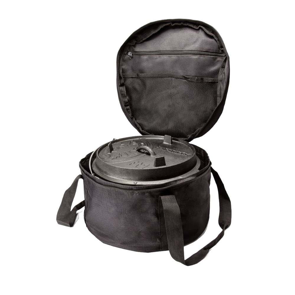 Black ripstop fabric bag with adjustable straps open to reveal a cast iron Dutch oven, featuring interior pockets for accessories, suitable for Farm, Garden & Tool, Camping, Best Sellers, and Promo Eligible collections.