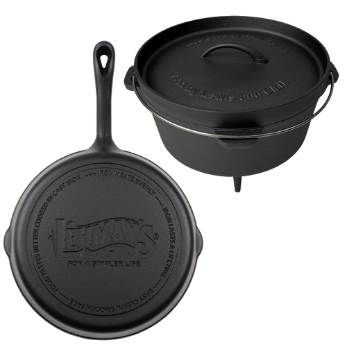 Handcrafted nitrided cast iron campfire cookware set including a 4.5 qt Dutch oven with lid and 10-inch skillet, designed for camping and outdoor cooking, featured in Farm, Garden & Tool and Kitchen & Food collections.