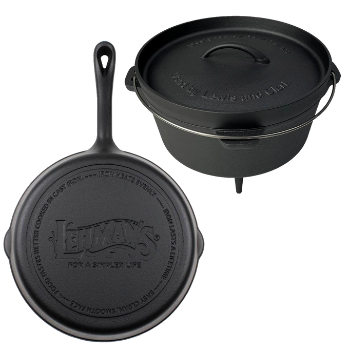 Handcrafted nitrided cast iron campfire cookware set including a 4.5 qt Dutch oven with lid and 10-inch skillet, designed for camping and outdoor cooking, featured in Farm, Garden & Tool and Kitchen & Food collections.