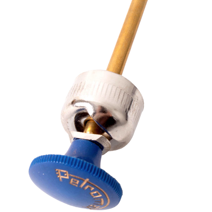 Close-up of a brass and chrome pump with a blue knob engraved with Petromax logo, designed for use with HK150, HK250, HK350, and HK500 lamps, featured in Lamps & Lighting, Parts and Accessories, Other Parts, Best Sellers, and Promo Eligible collections.