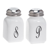 Set of two handcrafted vintage-style glass shakers with black monogram letters "S" and "P," featuring metal tops, made in USA, perfect for Kitchen & Food, Dinnerware, and Storage collections.
