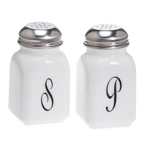 Set of two handcrafted vintage-style glass shakers with black monogram letters "S" and "P," featuring metal tops, made in USA, perfect for Kitchen & Food, Dinnerware, and Storage collections.
