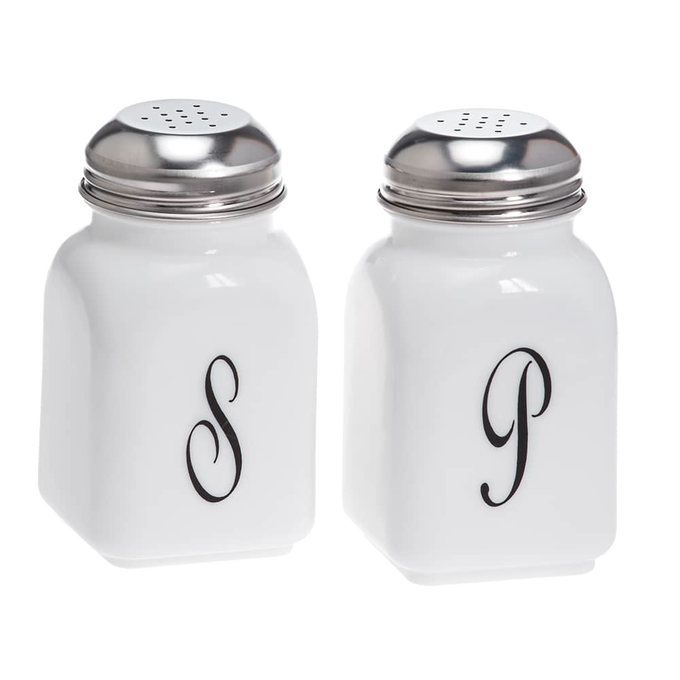Set of two handcrafted vintage-style glass shakers with black monogram letters "S" and "P," featuring metal tops, made in USA, perfect for Kitchen & Food, Dinnerware, and Storage collections.