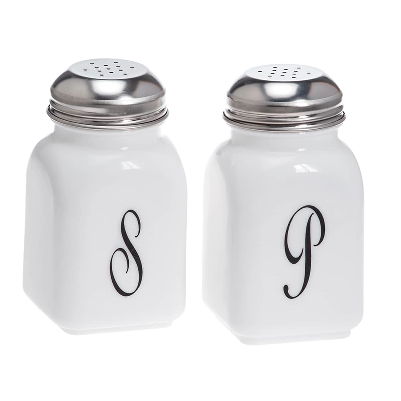 Set of two handcrafted vintage-style glass shakers with black monogram letters "S" and "P," featuring metal tops, made in USA, perfect for Kitchen & Food, Dinnerware, and Storage collections.