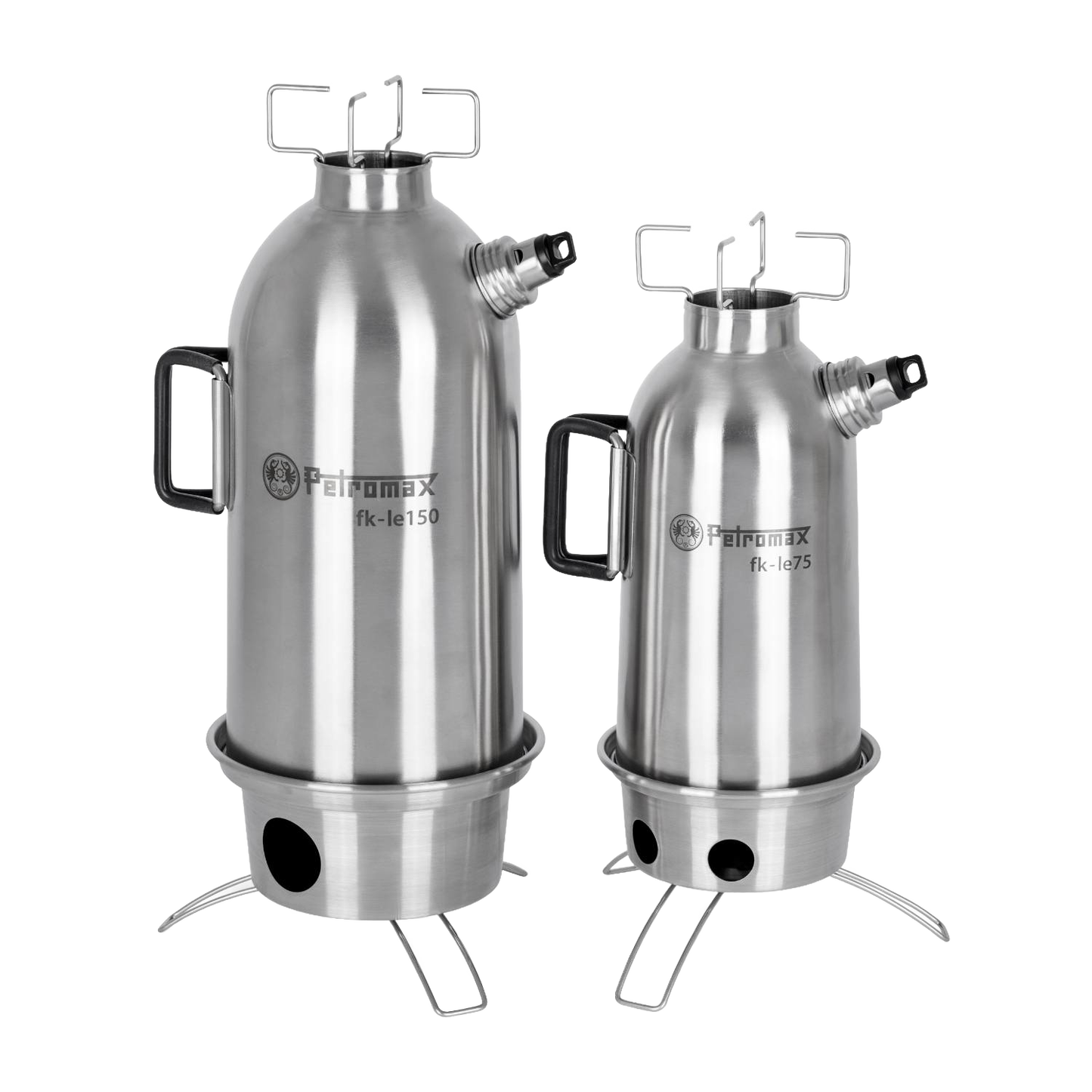 Pair of stainless steel fire kettles with sturdy handles and ventilation stands, designed for efficient outdoor boiling and heating; ideal for camping, emergency supplies, and farm tools collections.