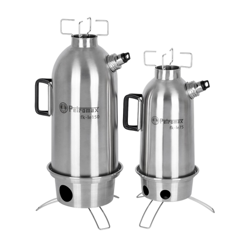 Pair of stainless steel fire kettles with sturdy handles and ventilation stands, designed for efficient outdoor boiling and heating; ideal for camping, emergency supplies, and farm tools collections.