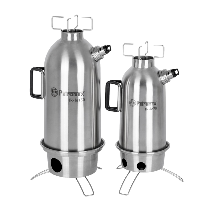 Pair of stainless steel fire kettles with sturdy handles and ventilation stands, designed for efficient outdoor boiling and heating; ideal for camping, emergency supplies, and farm tools collections.