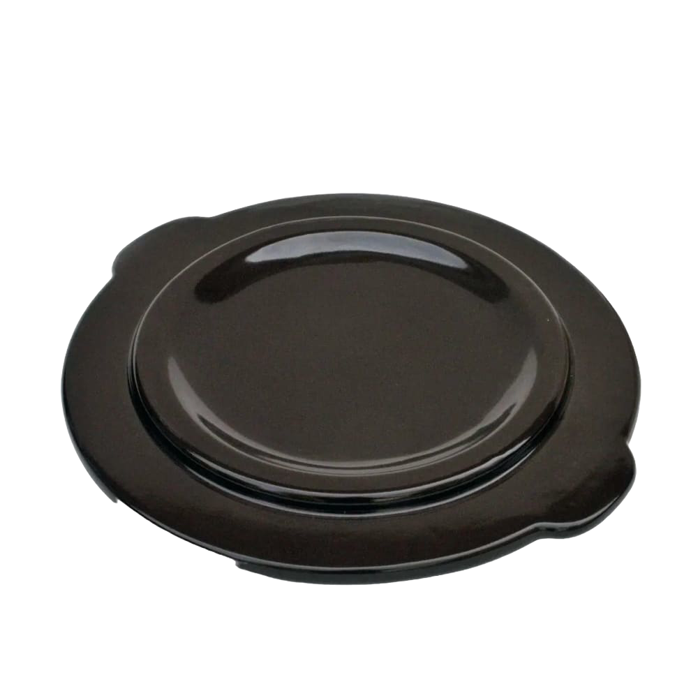 Handcrafted dark brown stoneware lid with side handles, made in USA, designed for protecting fermenting foods in Kitchen & Food, Food Preservation, Fermenting and Pickling collections.