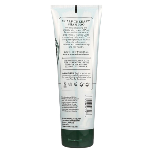 Handcrafted scalp therapy shampoo with pine tar and tea tree oil, designed to cleanse and soothe dry, itchy scalp, gentle for daily use and safe for color-treated hair, made in USA, featured in Health & Wellness and Grooming and Personal Hygiene collections.