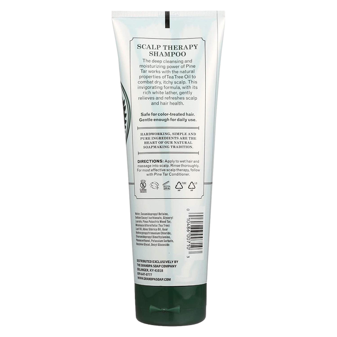 Handcrafted scalp therapy shampoo with pine tar and tea tree oil, designed to cleanse and soothe dry, itchy scalp, gentle for daily use and safe for color-treated hair, made in USA, featured in Health & Wellness and Grooming and Personal Hygiene collections.