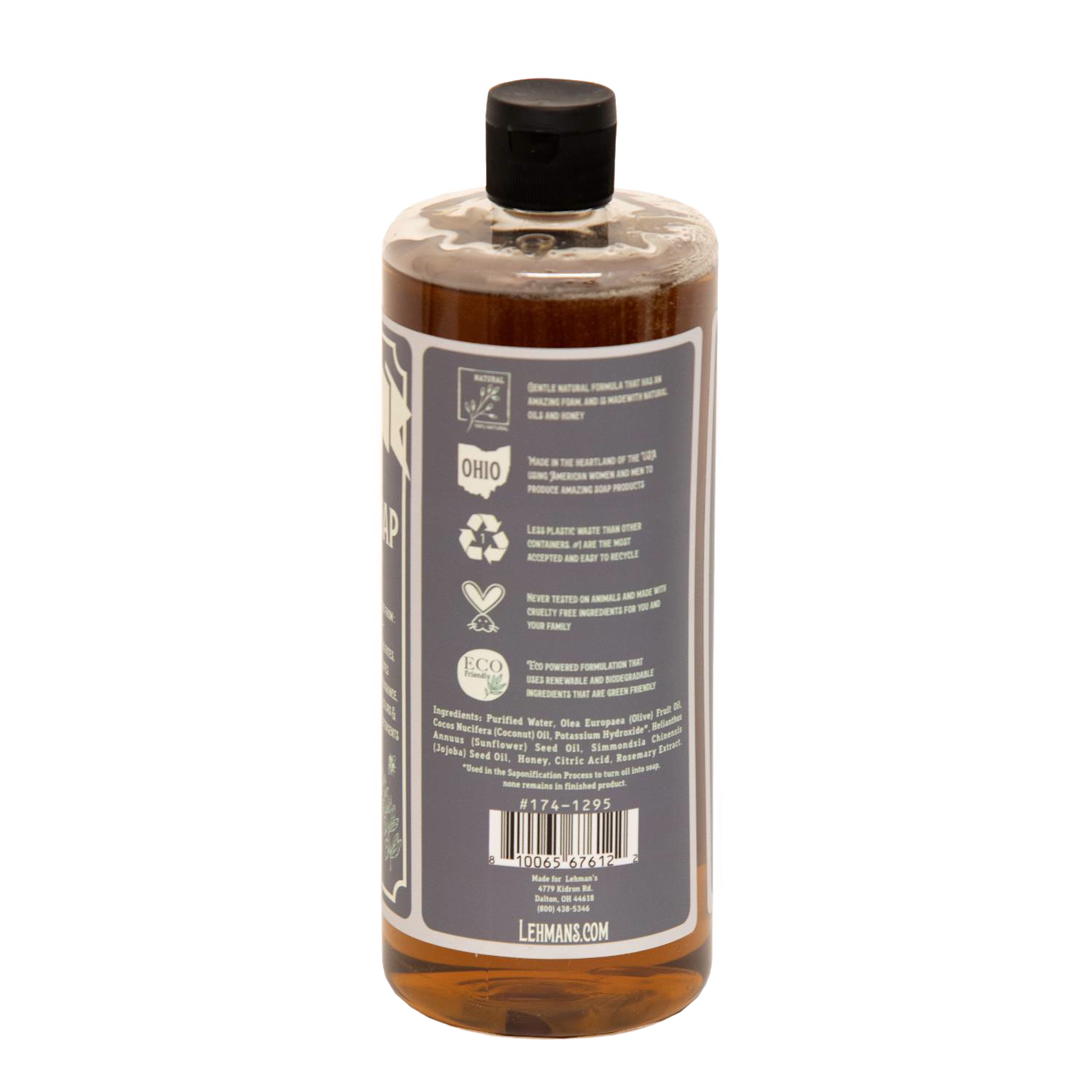 Clear amber bottle of Lehman's multi-use concentrated liquid soap featuring plant-based ingredients and eco-friendly packaging, highlighting handcrafted USA made quality in Health & Wellness, Grooming and Soaps collections.