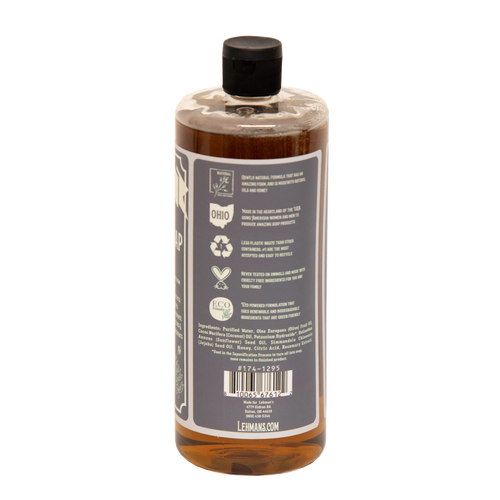 Clear amber bottle of Lehman's multi-use concentrated liquid soap featuring plant-based ingredients and eco-friendly packaging, highlighting handcrafted USA made quality in Health & Wellness, Grooming and Soaps collections.