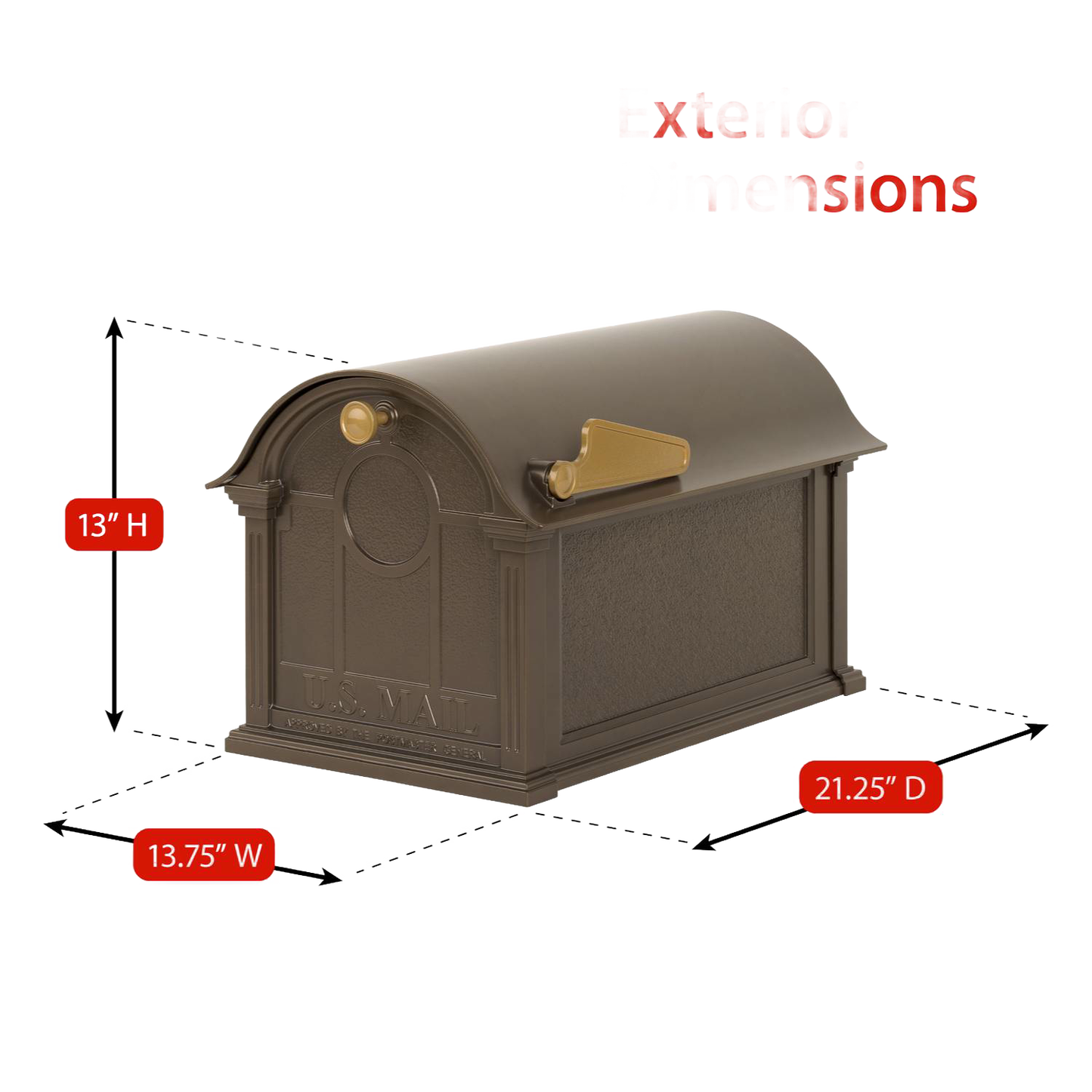 Handcrafted bronze and gold mailbox with curved top and raised details, designed for outdoor use, part of Home & Decor, Mailboxes and Address Signs, USA Made collections.