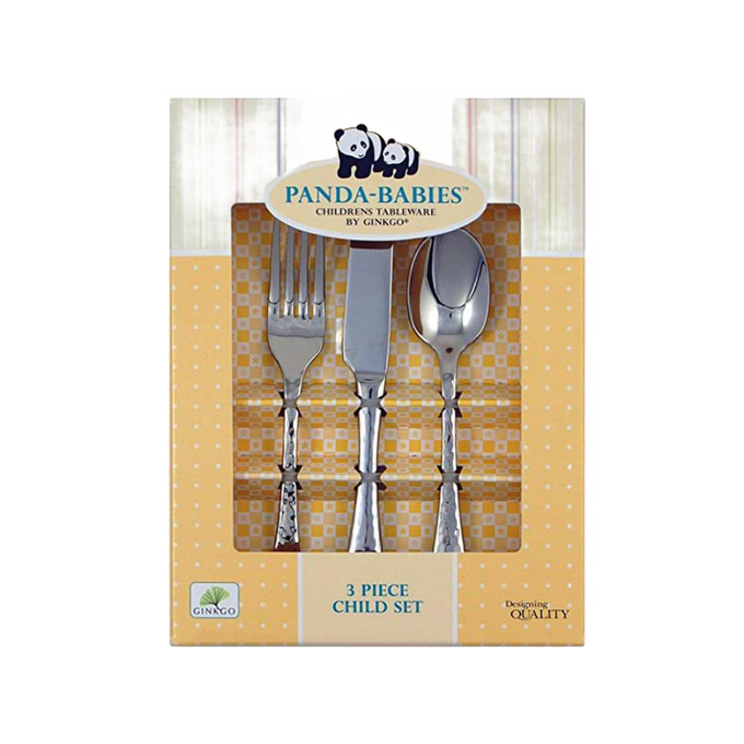 Three-piece children's flatware set with a fork, knife, and spoon, crafted from durable stainless steel, designed for little hands, ideal for Kitchen & Food, Dinnerware, and Best Sellers collections.