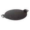 Handcrafted cast iron pizza pan with dual handles and a rimless design for edge-to-edge baking, naturally seasoned for durability, featured in Kitchen & Food, Cookware, Cast Iron, USA Made, and Best Sellers collections.