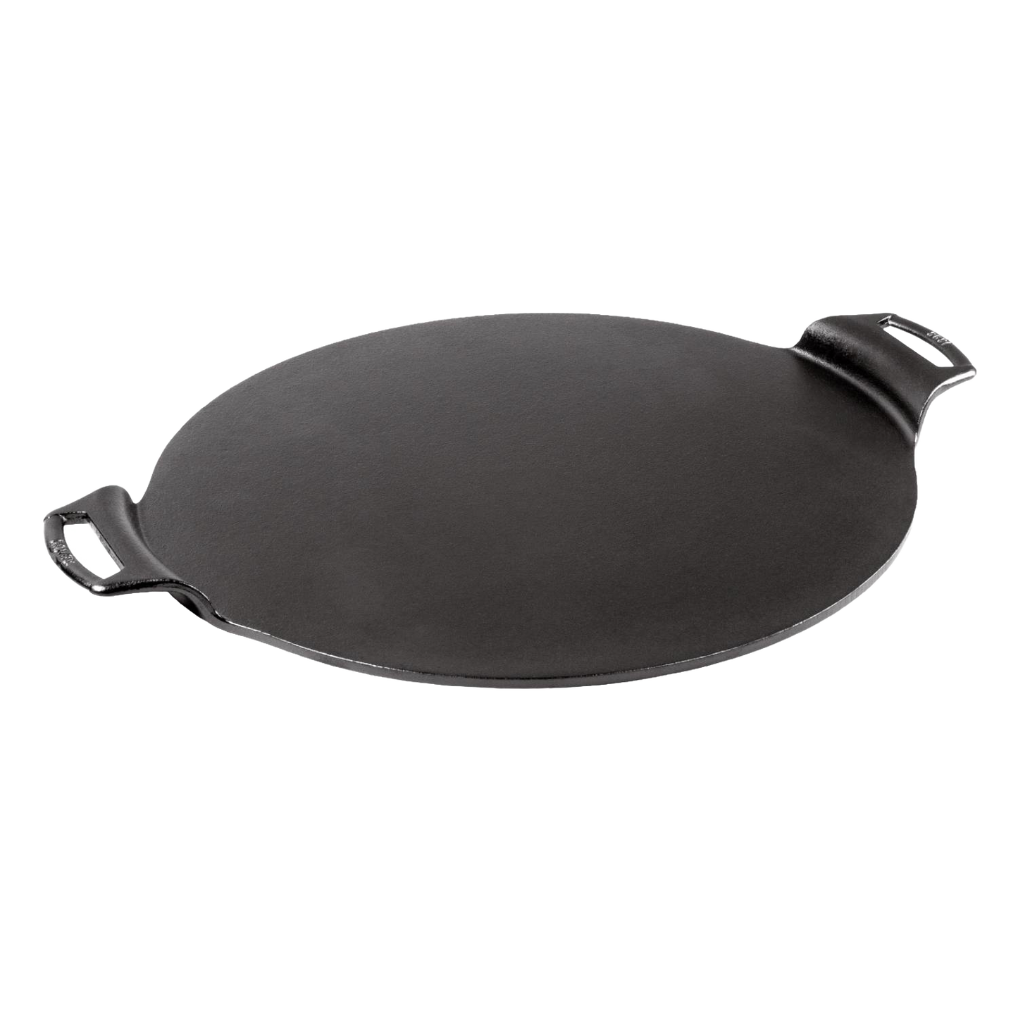 Handcrafted cast iron pizza pan with dual handles and a rimless design for edge-to-edge baking, naturally seasoned for durability, featured in Kitchen & Food, Cookware, Cast Iron, USA Made, and Best Sellers collections.