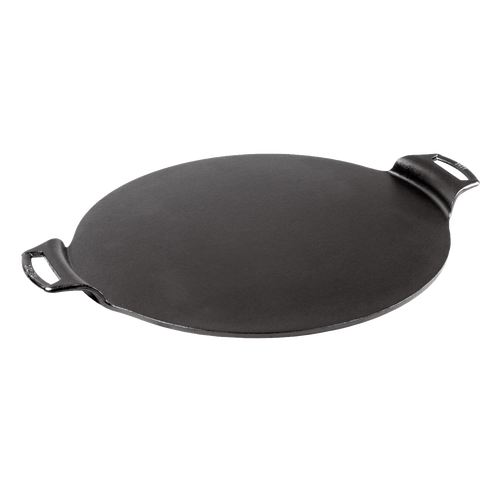 Handcrafted cast iron pizza pan with dual handles and a rimless design for edge-to-edge baking, naturally seasoned for durability, featured in Kitchen & Food, Cookware, Cast Iron, USA Made, and Best Sellers collections.