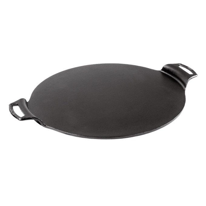 Handcrafted cast iron pizza pan with dual handles and a rimless design for edge-to-edge baking, naturally seasoned for durability, featured in Kitchen & Food, Cookware, Cast Iron, USA Made, and Best Sellers collections.