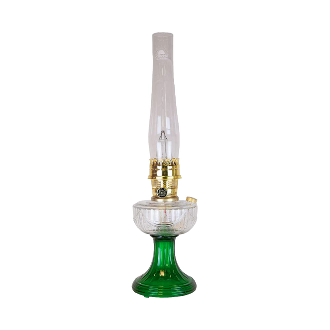 Vintage-style oil lamp with clear glass chimney and emerald green glass base featuring a handcrafted, sweeping font design, ideal for Lamps & Lighting and Oil Lamps collections.
