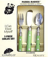 Three-piece children's flatware set with green handles including a fork, soft-edge knife, and spoon made of durable stainless steel, ideal for Kitchen & Food and Dinnerware collections.