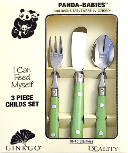 Three-piece children's flatware set with green handles including a fork, soft-edge knife, and spoon made of durable stainless steel, ideal for Kitchen & Food and Dinnerware collections.