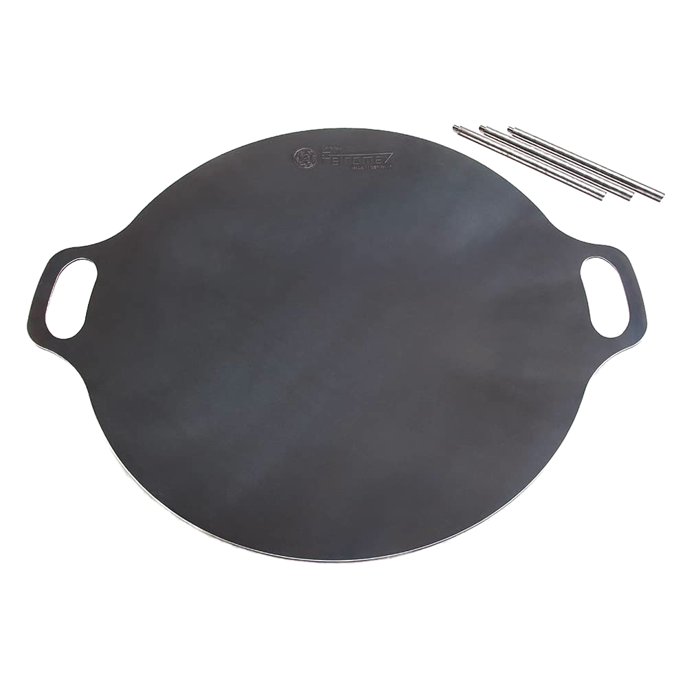 Round steel griddle with integrated handles and three detachable legs, designed for sturdy outdoor cooking and grilling in Farm, Garden & Tool, Camping, Best Sellers, and Promo Eligible collections.