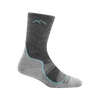 Lightweight women's hiking sock in gray with turquoise accents, featuring breathable mesh panels and durable ribbing, handcrafted and made in USA, ideal for Health & Wellness, Camping, and Clothing collections.