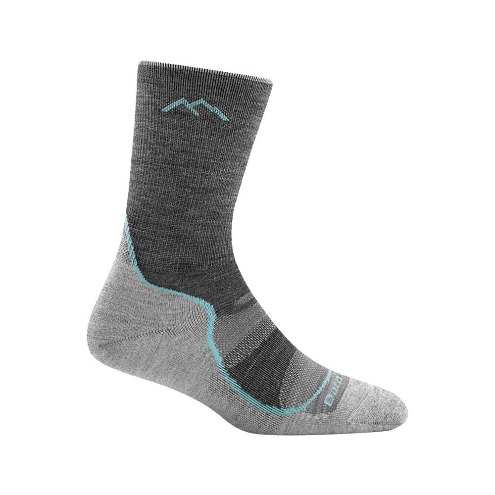 Lightweight women's hiking sock in gray with turquoise accents, featuring breathable mesh panels and durable ribbing, handcrafted and made in USA, ideal for Health & Wellness, Camping, and Clothing collections.