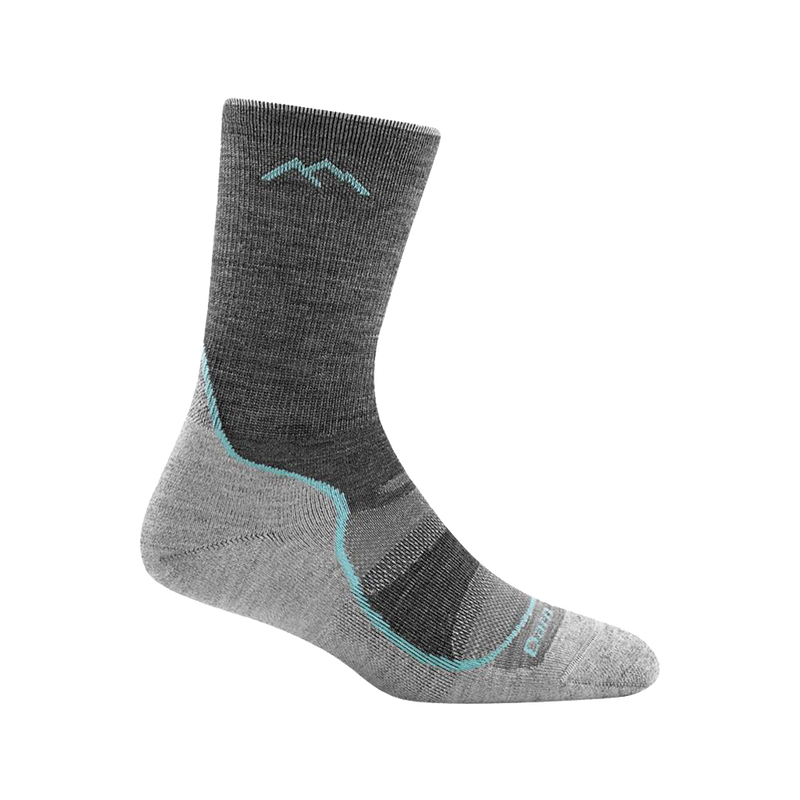 Lightweight women's hiking sock in gray with turquoise accents, featuring breathable mesh panels and durable ribbing, handcrafted and made in USA, ideal for Health & Wellness, Camping, and Clothing collections.