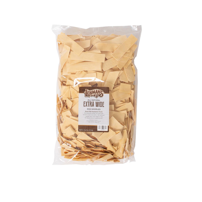 Clear bag of handcrafted extra-wide egg noodles made in USA, perfect for Kitchen & Food, Food, Pantry, USA Made, Best Sellers, and Promo Eligible collections.