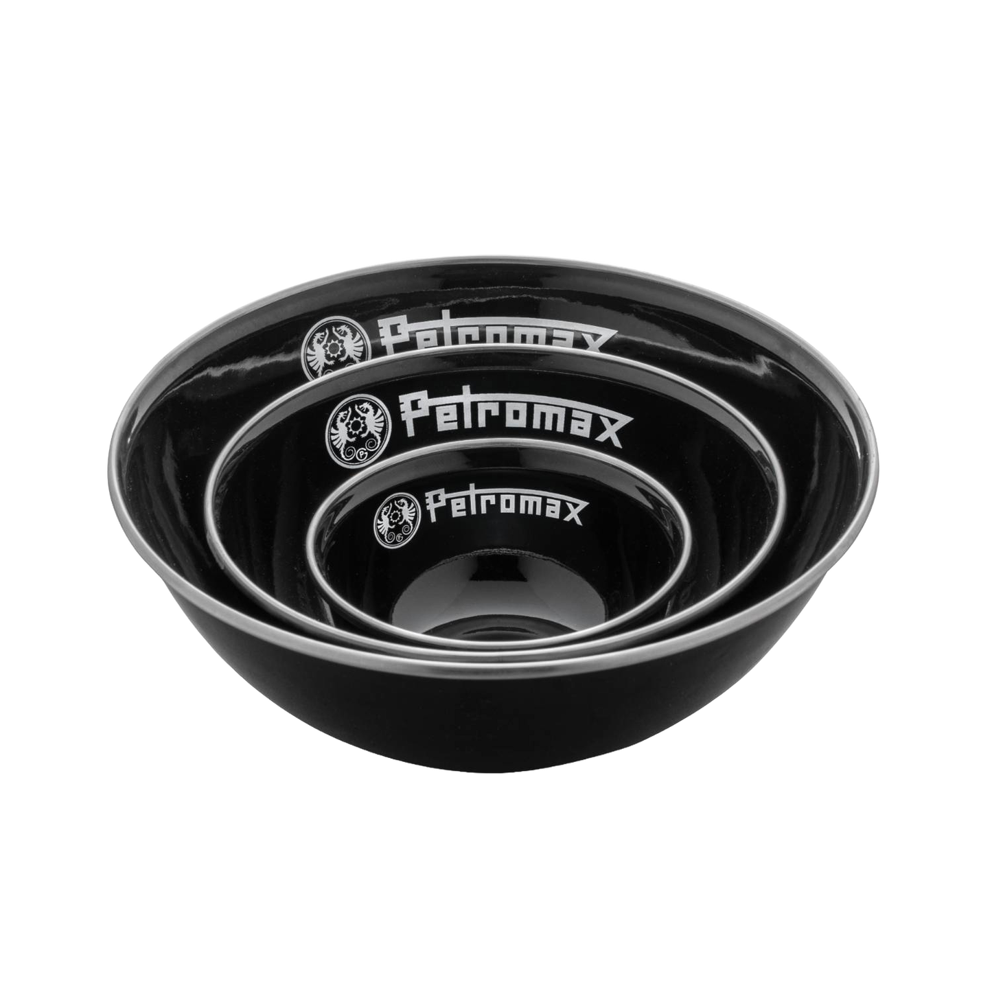 Set of three black enamel bowls with durable, corrosion-resistant finish, ideal for outdoor cooking and camping, featured in Kitchen & Food, Camping, Dinnerware, Best Sellers, and Promo Eligible collections.
