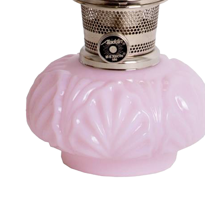 Handcrafted limited edition oil lamp featuring a pale pink Crown Tuscan glass base with detailed pattern, polished metal burner, ideal for Lamps & Lighting, Oil Lamps, Table Lamps, Best Sellers, and Promo Eligible collections.