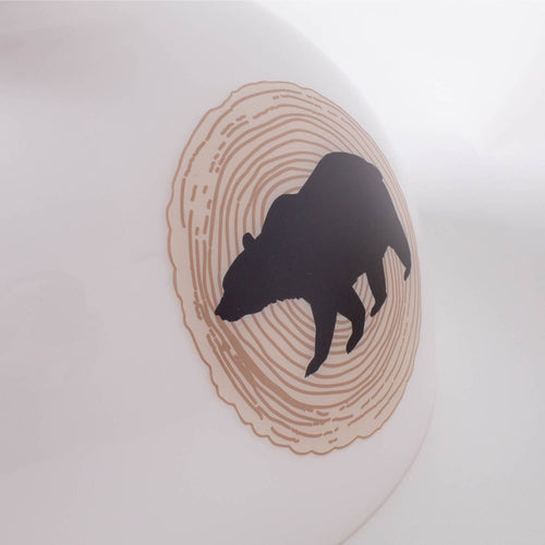 Handcrafted glass lamp shade featuring a smooth white finish with a black bear silhouette centered inside a rustic wood grain circle, part of Lamps & Lighting, Parts and Accessories, Lamp Shades, Best Sellers, and Promo Eligible collections.