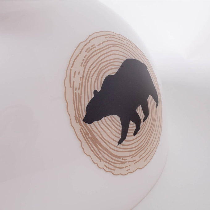 Handcrafted glass lamp shade featuring a smooth white finish with a black bear silhouette centered inside a rustic wood grain circle, part of Lamps & Lighting, Parts and Accessories, Lamp Shades, Best Sellers, and Promo Eligible collections.