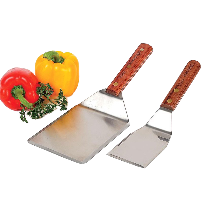 Handcrafted professional kitchen utensils with high-carbon stainless steel blades and wooden handles, displayed alongside fresh red and yellow bell peppers and parsley, ideal for Kitchen & Food, Kitchen Gadgets, Cooking and Baking Helpers, Storage and Serving, USA Made, Best Sellers, and Promo Eligible collections.